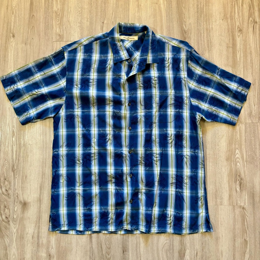 Tommy Bahama Men's Silk Blend Short Sleeve Shirt Floral Size XL Blue Green Plaid